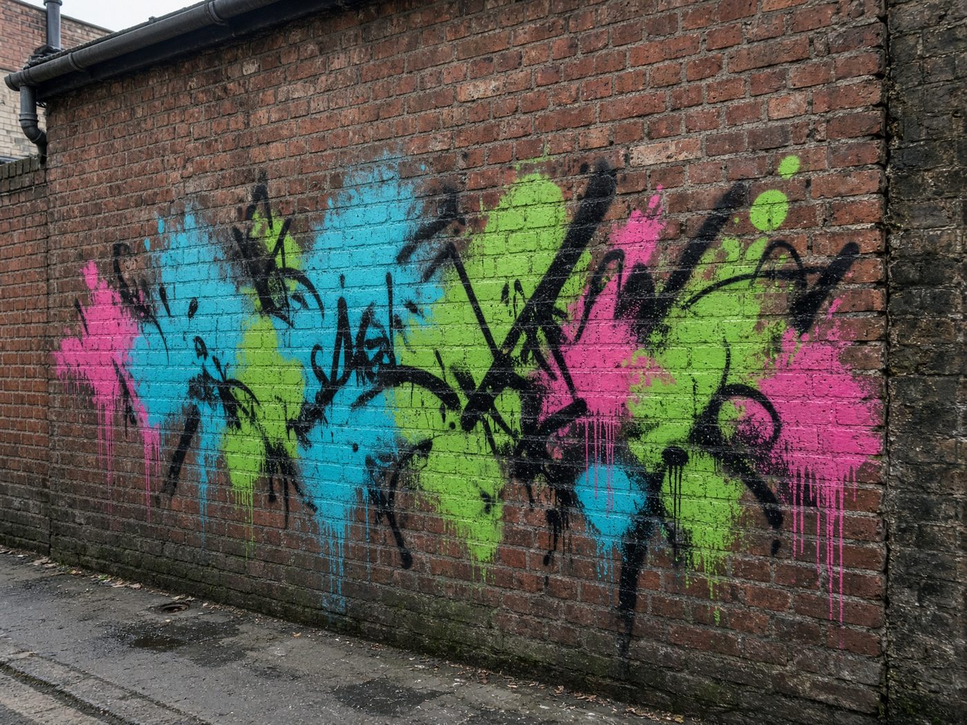 Graffiti-covered brick wall