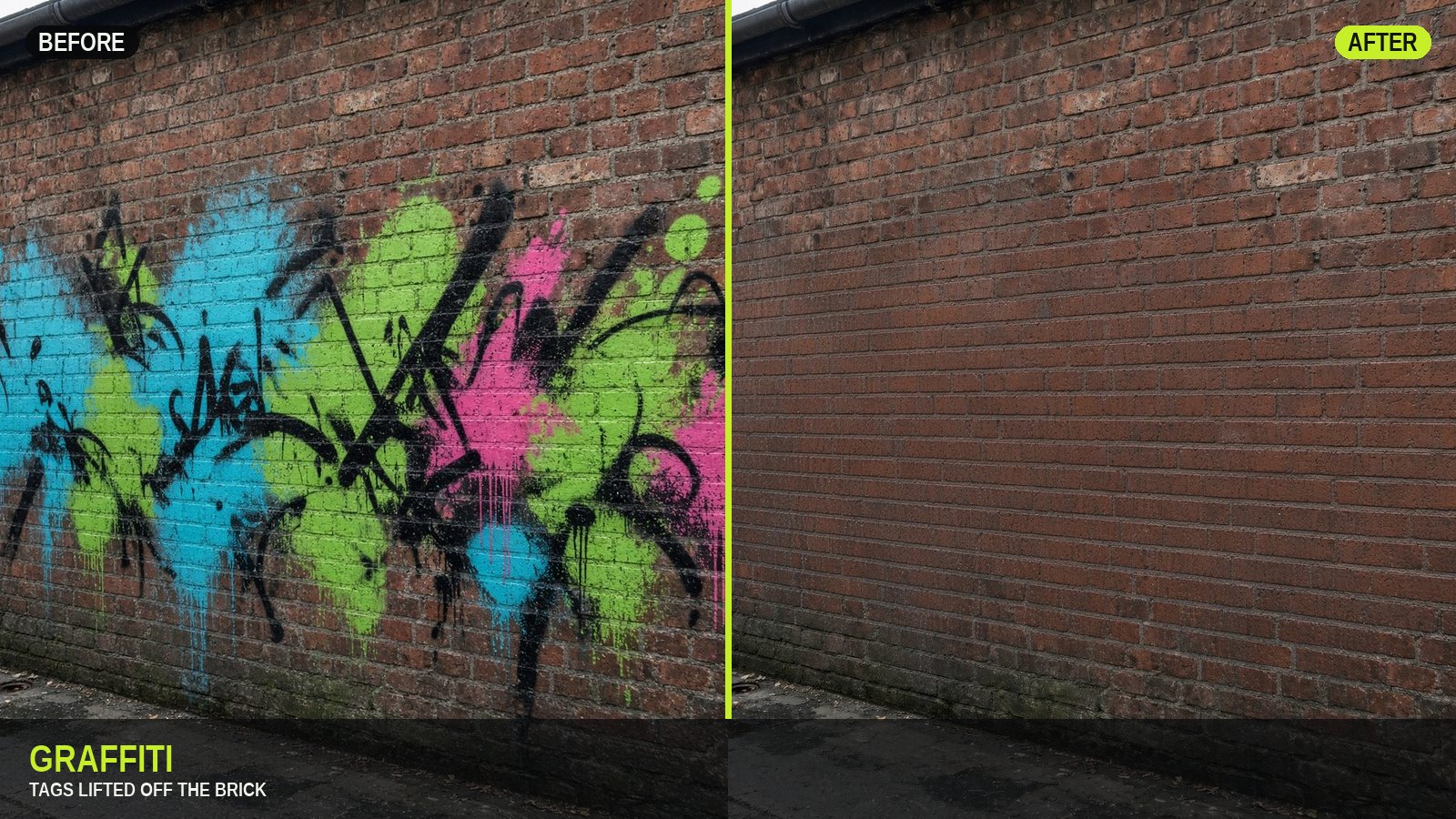 Graffiti before and after in one slide — tagged brick on the left, clean wall on the right