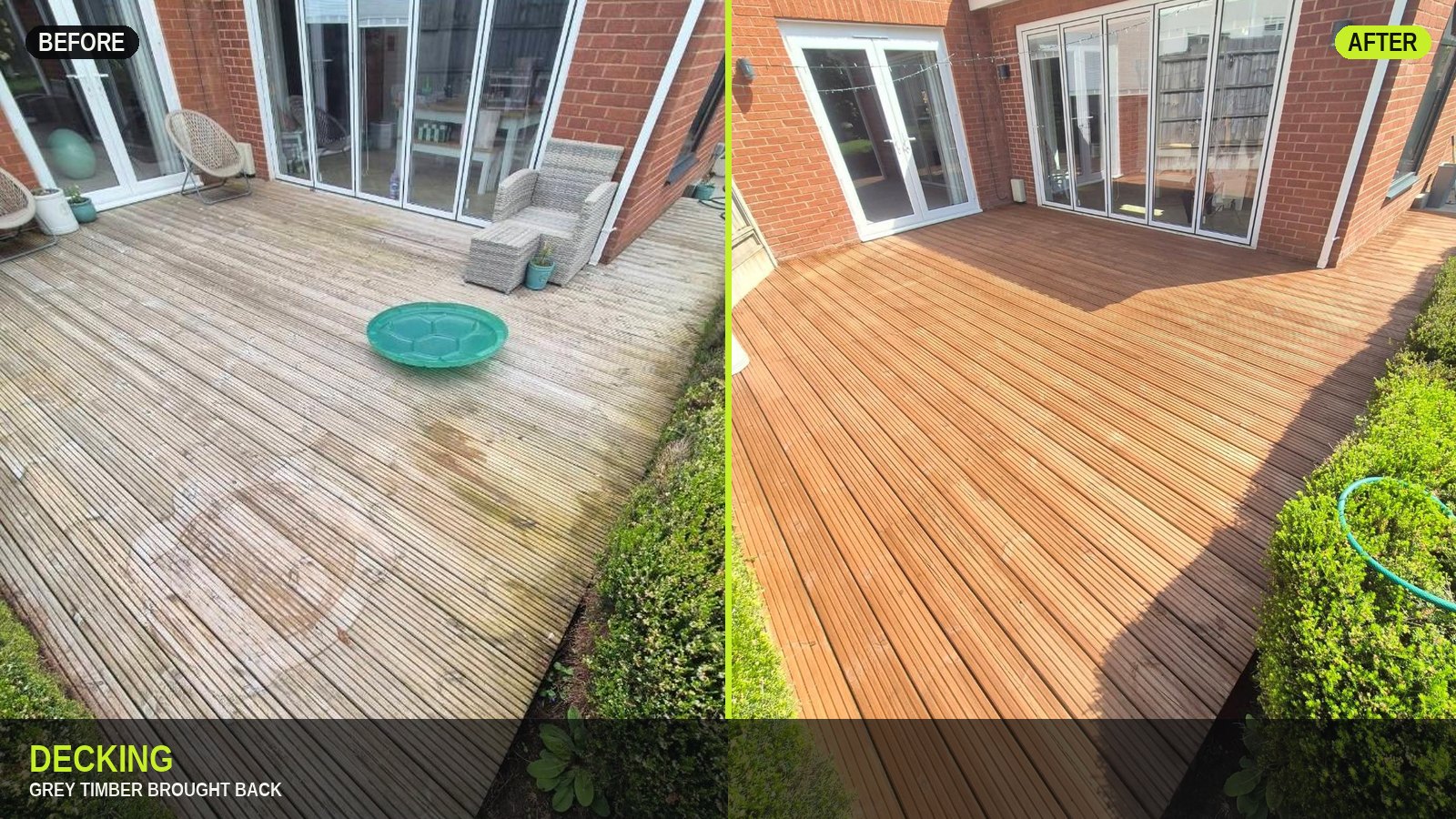 Decking before and after in one slide — grey timber on the left, restored grain on the right
