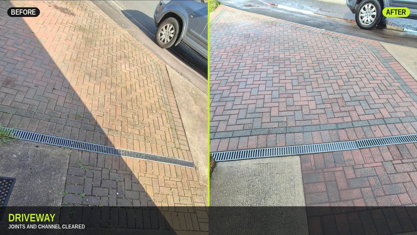 Driveway before and after in one slide — dirty joints on the left, cleared channel on the right