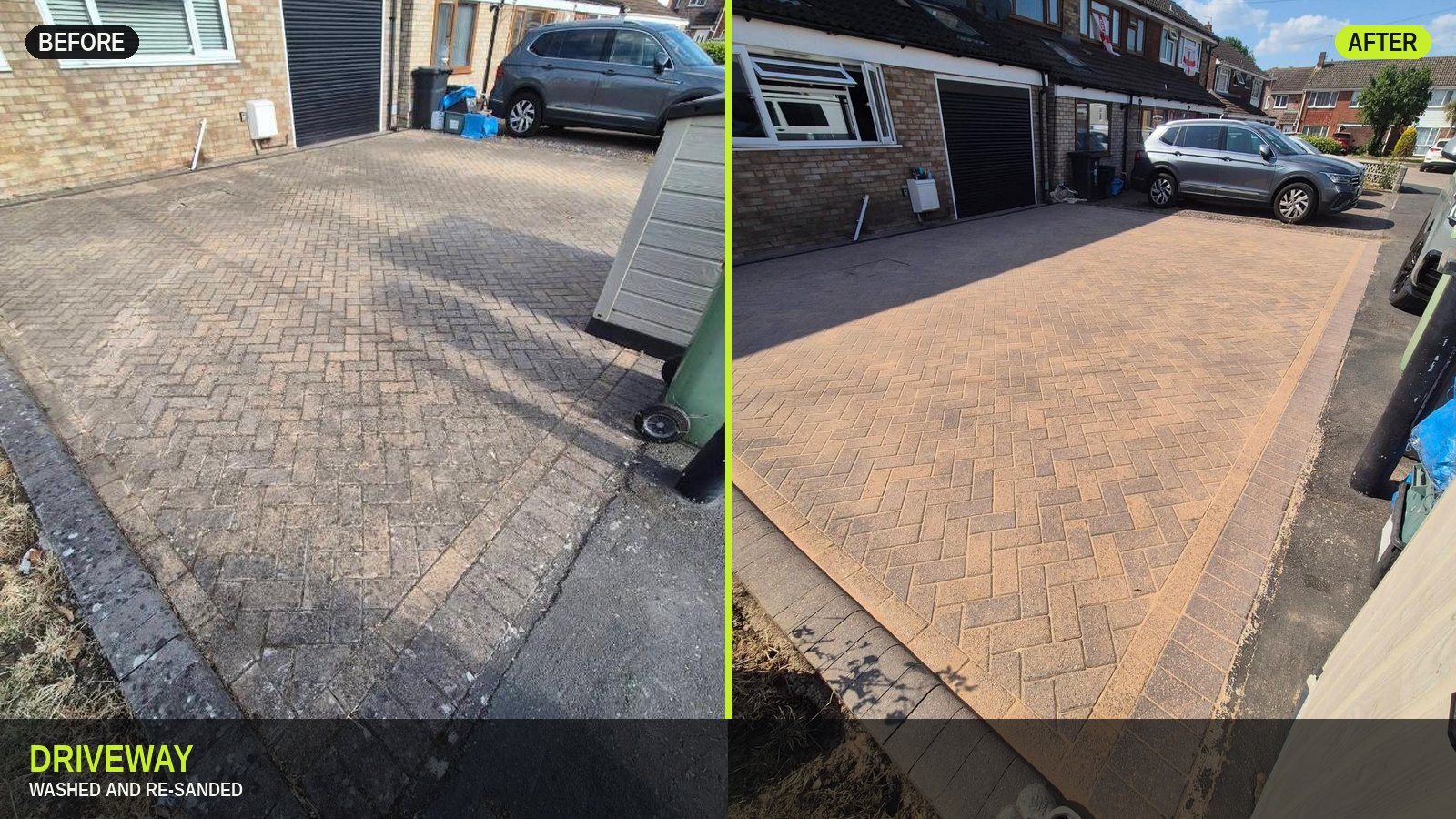Front driveway before and after in one slide — stained paving on the left, washed and re-sanded on the right