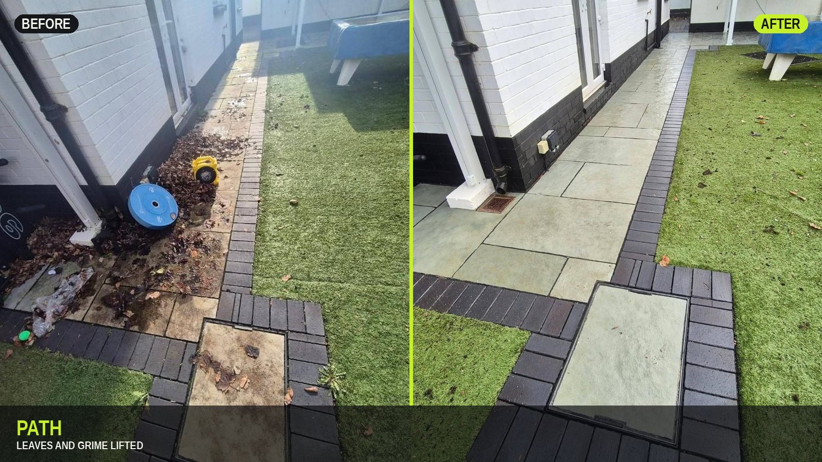 Side path before and after in one slide — leaves and grime on the left, clean slabs on the right