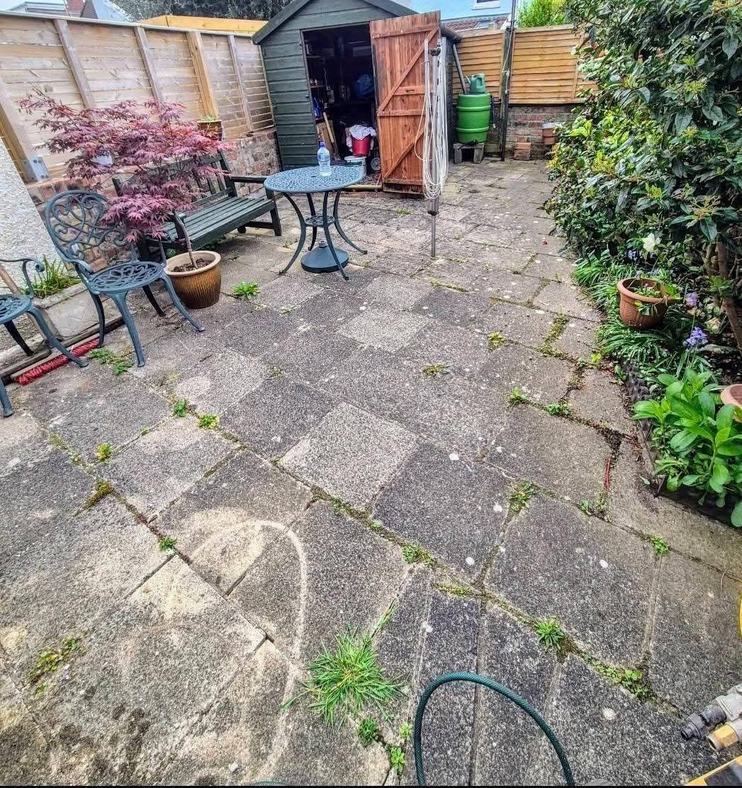 Mossy patio flags before cleaning