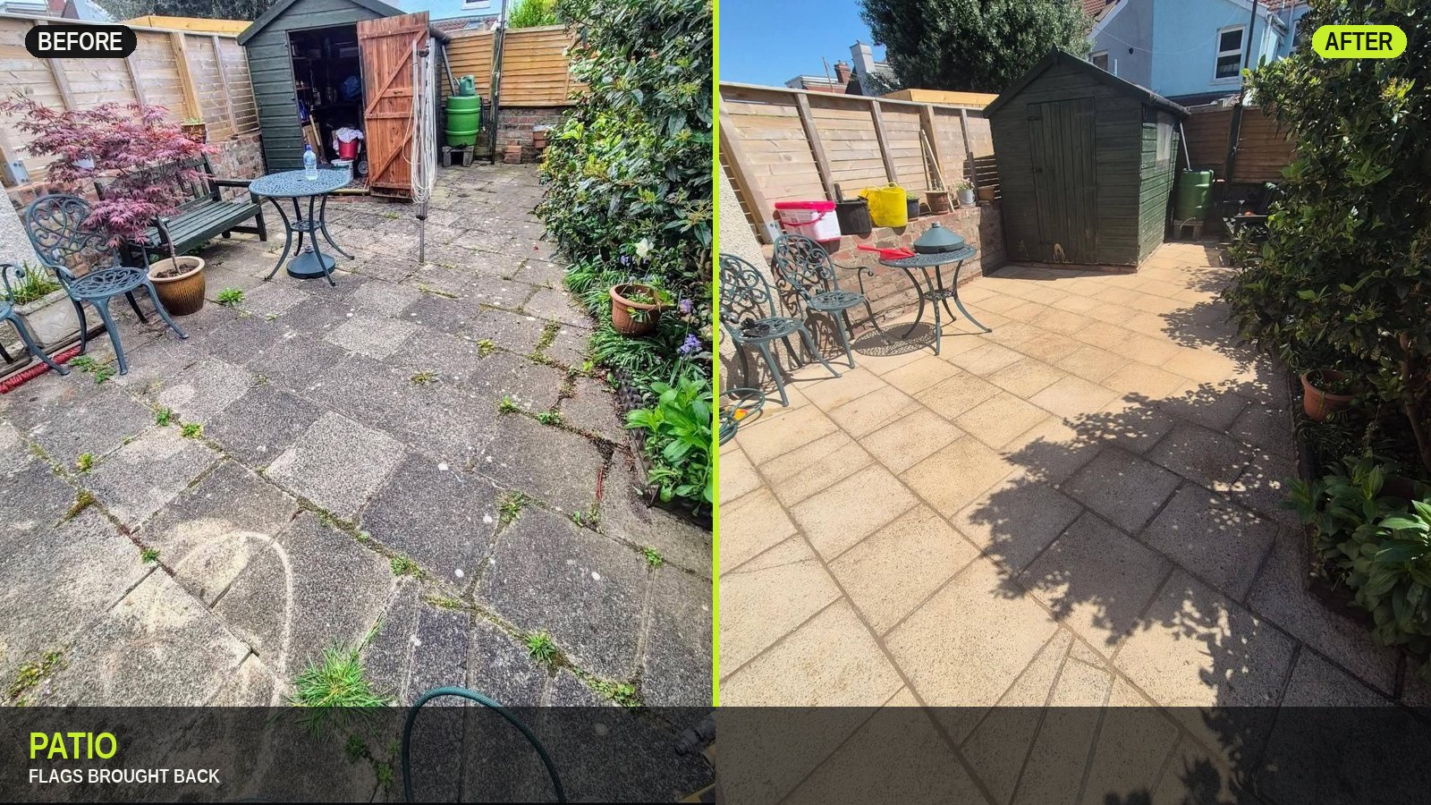 Patio before and after in one slide — mossy flags on the left, clean stone on the right