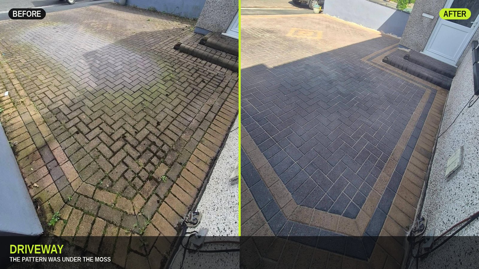 Driveway before and after in one slide — mossy herringbone on the left, restored pattern on the right