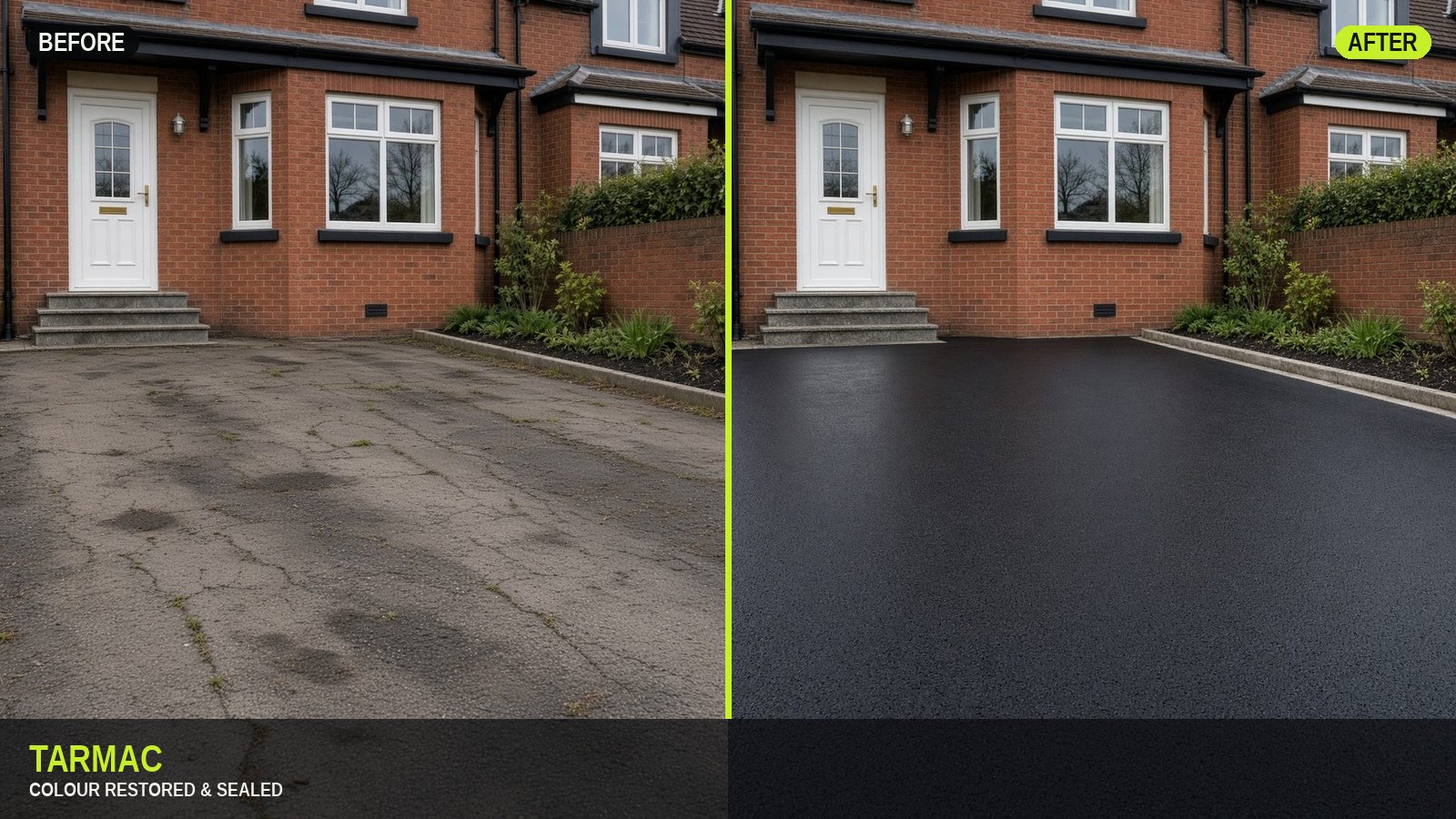 Tarmac before and after in one slide — faded grey on the left, sealed black on the right